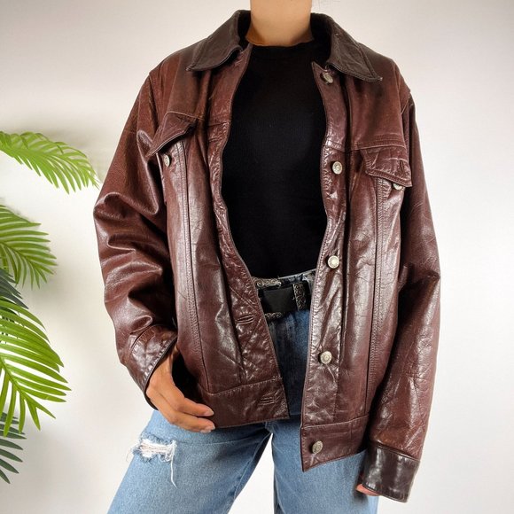 Vintage 90s Grunge Streetwear Brown Indie Biker Bomber Leather Jacket / Size: 2X - Picture 5 of 8